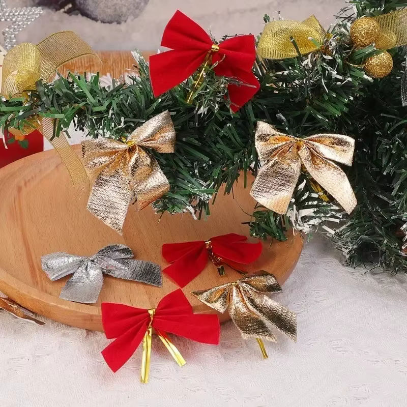 Weihnachten Schleifen-Set aus Samt in Rot und Gold als Hängeornament für Weihnachtsbaum, Geschenkboxen und DIY-Dekoration - Bild 4