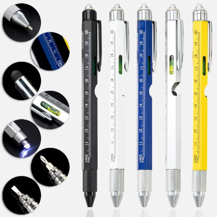 9-in-1 Metall-Multitool-Stift in Gelb mit LED-Licht, Wasserwaage, Schraubendreher, Lineal, Kugelschreiber und kapazitivem Stift als Outdoor-Werkzeugstift - Bild 3