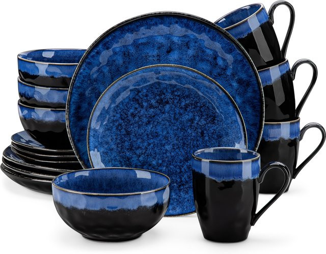 vancasso Tafelservice Sternenblau mit geometrischem Design, 16- oder 32-teiliges Geschirrset bestehend aus Speisetellern, Desserttellern, Schüsseln und Bechern - Bild 1