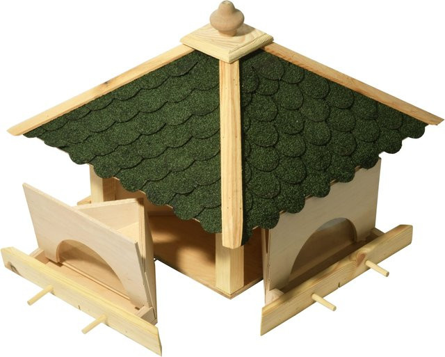 dobar Futterhaus für Wildvögel aus Kiefernholz mit grünen Bitumenschindeln, Anflugstangen und 4 Futterbehältern in Natur/Grün-Beige - Bild 1