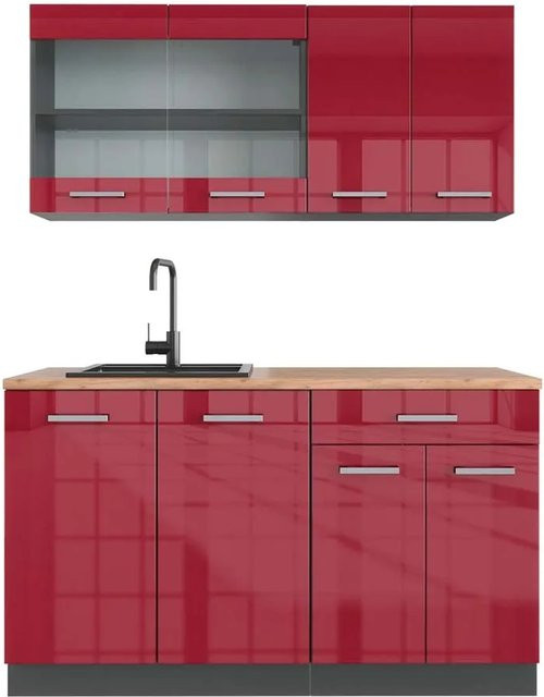 Vicco R-Line Singleküche Bordeaux Hochglanz Anthrazit Eiche Breite: 140 cm - Bild 1