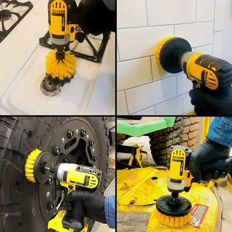 Elektrisches Reinigungsbürsten Set für Bohrmaschinen mit Nylon-Pinseln in Gelb für Teppich, Glas, Auto und Reifen - Bild 2