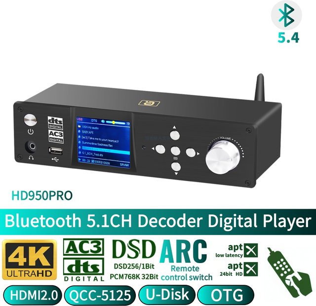 AYINO 4K HDMI 2.0 DAC Konverter mit Bluetooth 5.4, 5.1CH Audio Decoder, ESS9038q2m, APTX, DTS-HD, AC3, DSD 768KHz und ARC in Schwarz - Bild 1
