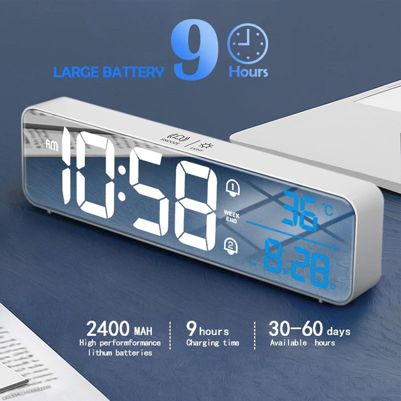 Tooarts Digitaler LED Wecker mit Thermometer, Datumsanzeige und Schlummerfunktion, Wandmontage, Kunststoff, Schwarz/Silber/Weiß - Bild 2