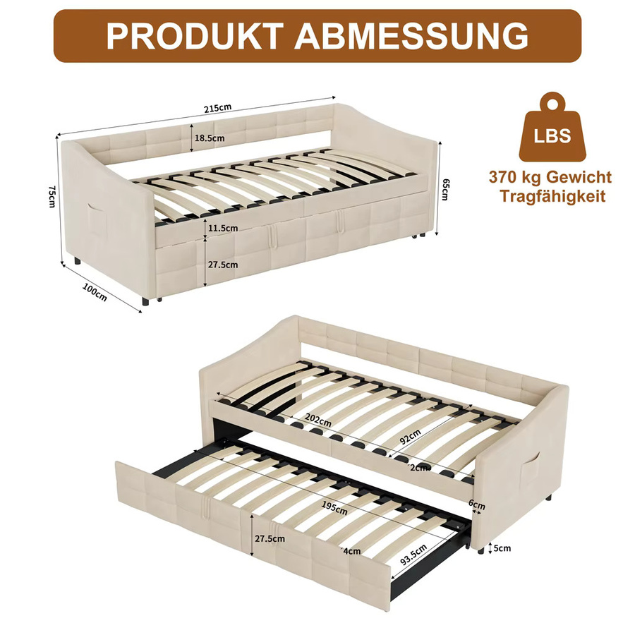 Gepolstertes 2-Sitzer-Couchbett aus Samt in Grau mit Lattenrost, B/T/H: 90 x 200 cm - Bild 2
