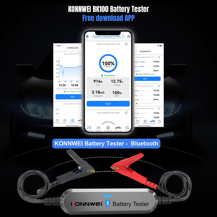 KONNWEI BK100 Bluetooth 5.0 Batterietester für Auto und Motorrad, 12V Batteriemonitor mit 100-2000 CCA Lade- und Startstromtest, Schwarz - Bild 4