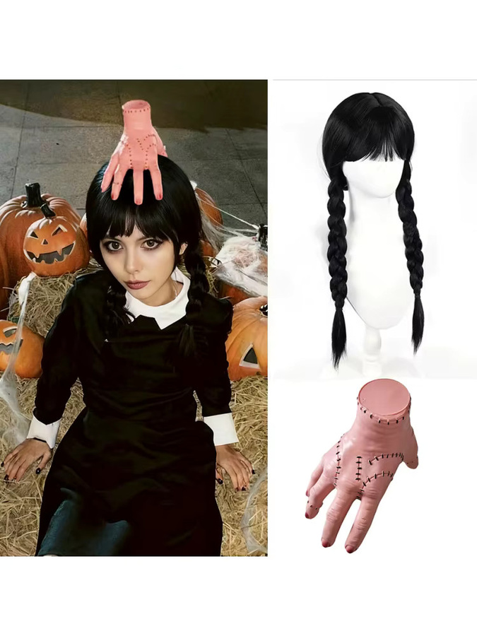 Suri Hair Mittwoch Perücke, schwarze Damenperücke mit Pony und doppelten Zöpfen, synthetische Perücke, Horrorhandschuh, Set - Bild 6