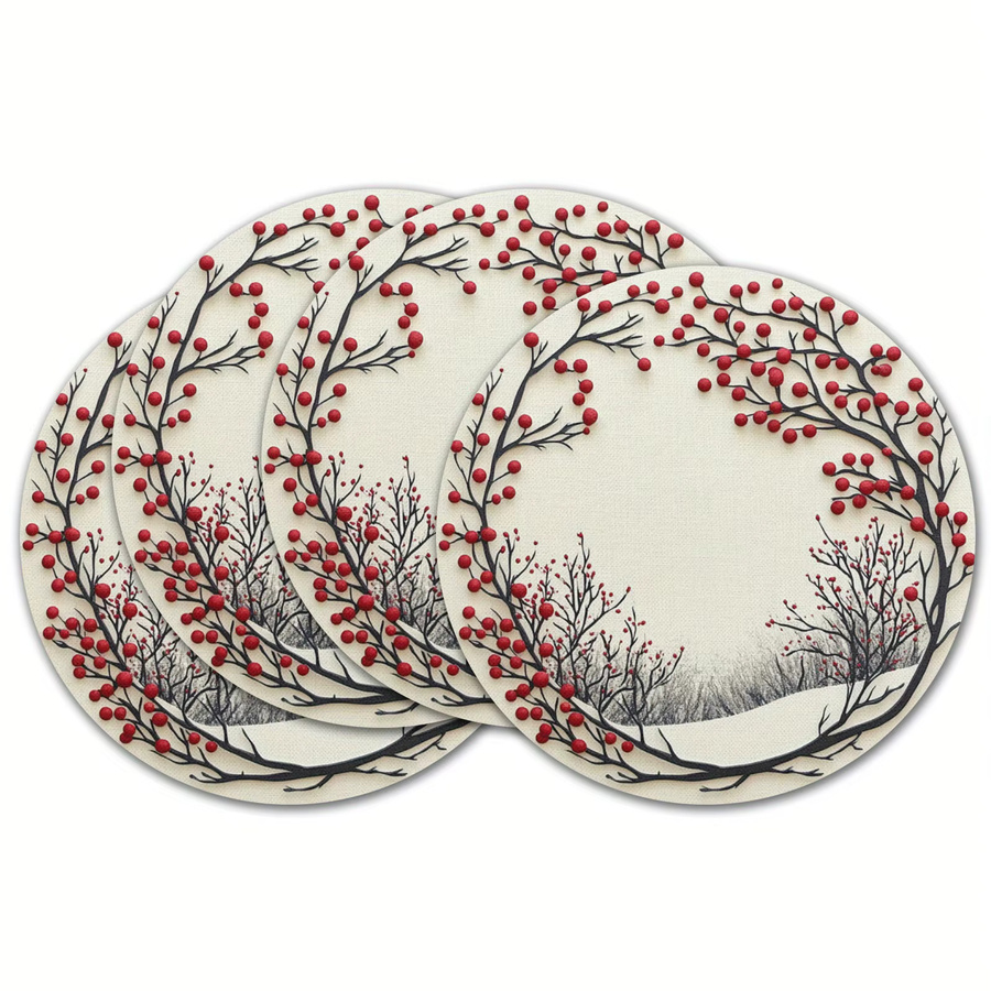 VIKAMA 4er Set Tischsets aus Leinen im nordischen Design mit Schneelandschaft und roten Beeren, rund, Mehrfarbig - Bild 5
