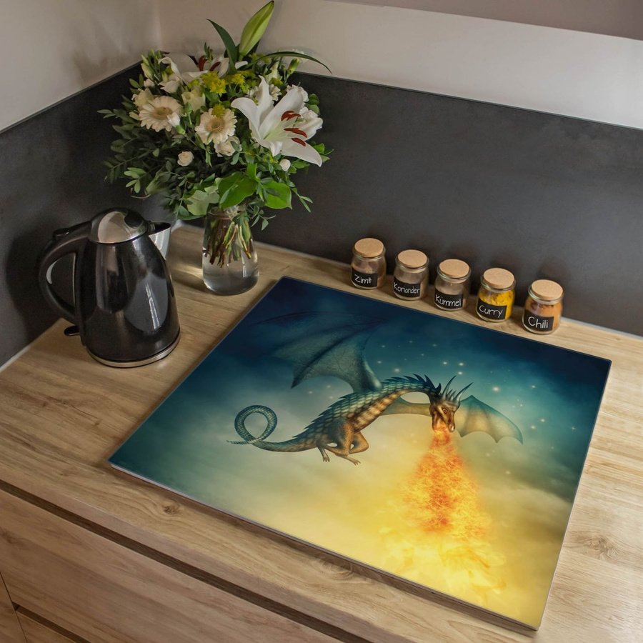 Banjado Herdabdeckplatte aus Glas mit Drachen-Motiv, einteilig, B: 60 cm, T: 52 cm, Mehrfarbig - Bild 1