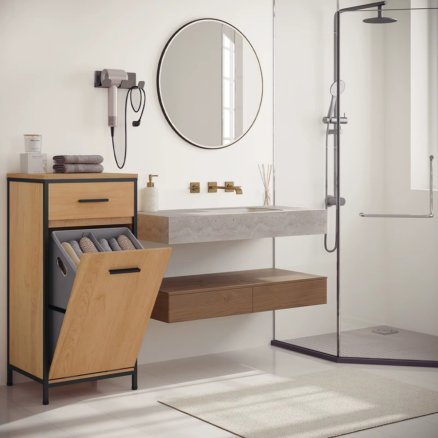 EUGAD Badezimmerschrank mit 2 Schubladen und Wäschesack, schmaler Toiletten-Beistellschrank als Badezimmer-Organizer, B/T/H: 38 x 34 x 80 cm - Bild 3