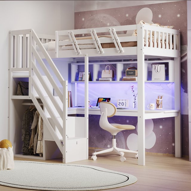 Rbefeuly Massivholzbett für Kinder in Weiß mit Treppe, Stauraum, Schreibtisch, USB-Anschluss und LED-Beleuchtung, B/T/H: 140 x 200 cm - Bild 1