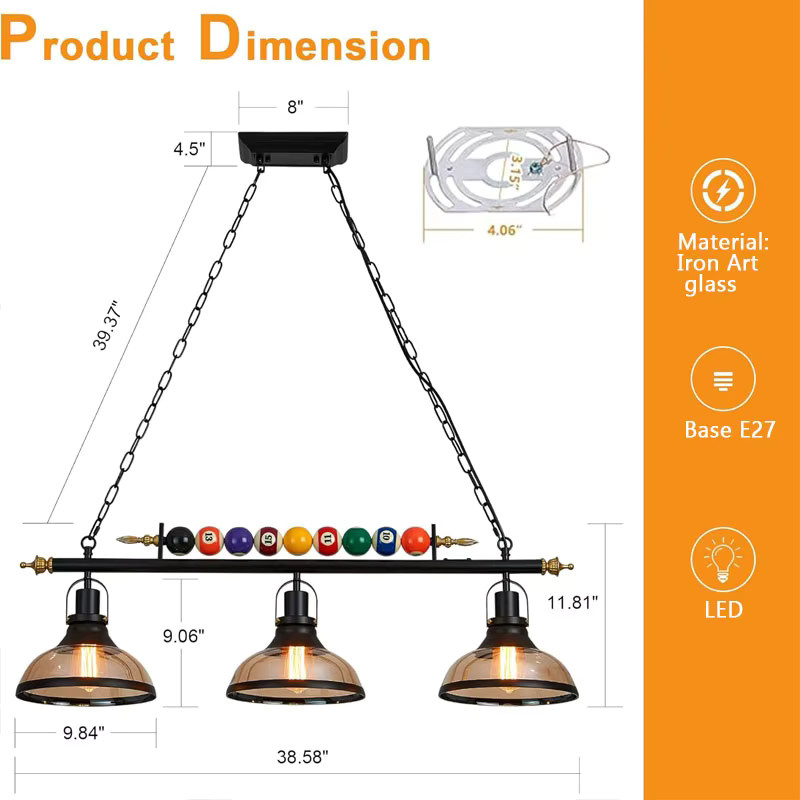 LINCCW Retro-Billard-Pendelleuchte LED mit 3 transparenten Glasschirmen in Schwarz, verstellbarer industrieller Kronleuchter für Esstisch und Bar - Bild 5