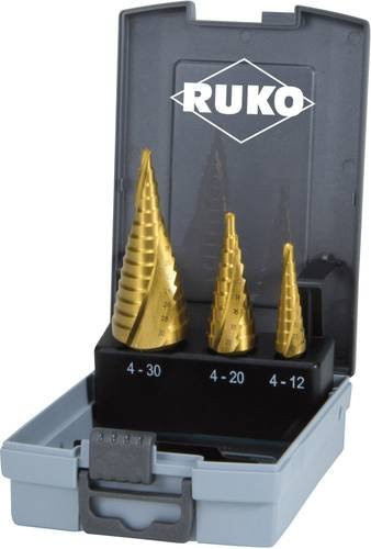 RUKO Stufenbohrer-Set 3-teilig aus HSS mit TiN-Beschriftung in Gold, Durchmesser: 4-12 mm, 4-20 mm und 4-30 mm - Bild 1