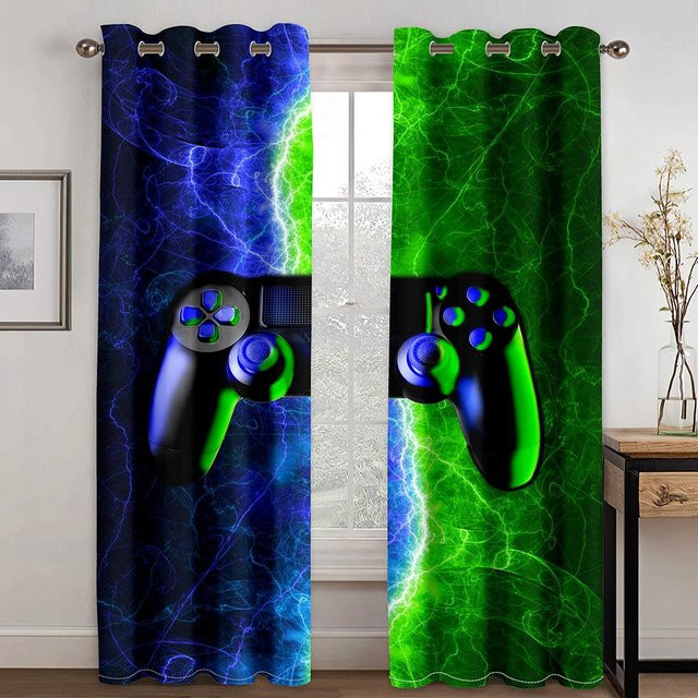 Yiran Furniture Vorhangset mit Gamepad-Motiv in Blau, 2er-Set aus Polyester mit Ösen, Höhe: 130 cm, Breite: 100 cm - Bild 1