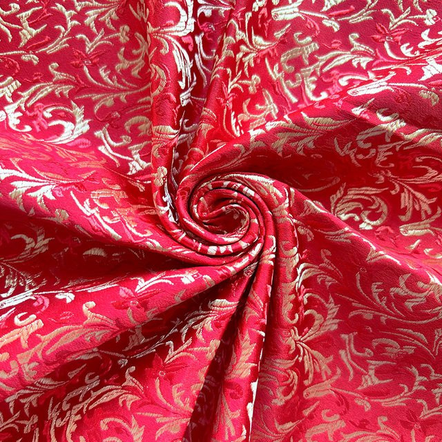 Findohope Damast Brokatstoff aus Seidensatin mit Weizen-Blumenmuster in Rot für Möbel Polsterung und Vorhänge - Bild 1