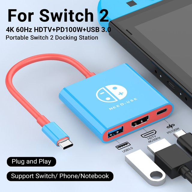 Gopala 4K 60Hz Dockingstation für Switch 2, Tragbarer Typ-C Hub mit HDMI und USB-C 3.0 in Blau - Bild 1