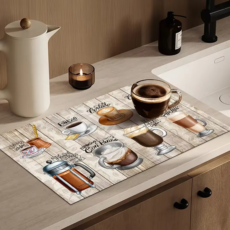 VIKAMA Vintage Küchenmatte mit Kaffeemotiv in Multicolour, saugfähig und schnell trocknend mit Holzmaserung-Design - Bild 2