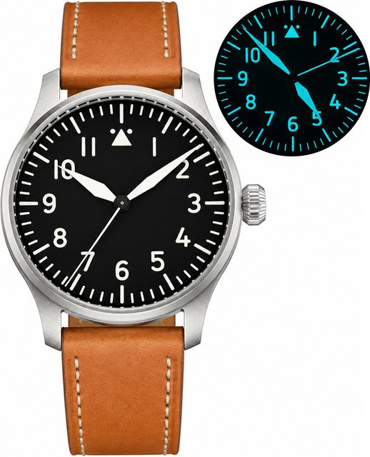 HRUODLAND Automatikuhr, Pilot, Edelstahl, 40 mm, Lederarmband, Herren - Bild 1