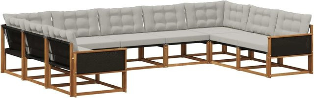 vidaXL Outdoor-Sofagarnitur L-Form aus massivem Akazienholz mit Textilene und Kissen in Grau und Natur - Bild 1