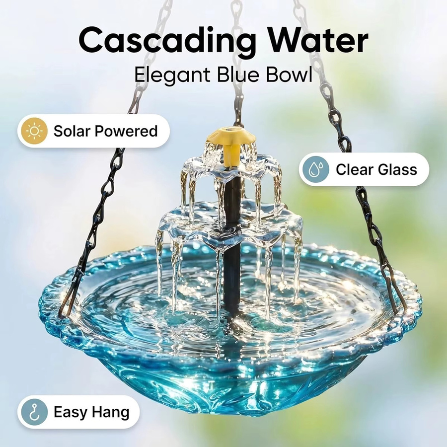 NovaSphere Solar-Vogelbadbrunnen als hängende Kaskaden-Schale mit Wasserpumpe und Kolibri-Futterspender für den Garten, rundes Glasdesign mit floralem Muster, B/T/H: 45,0 x 23,5 x 23,5 cm - Bild 4