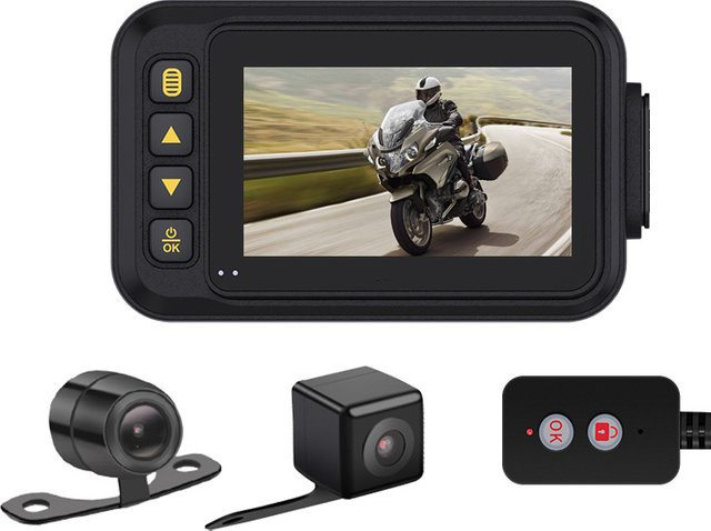 Bytelike Motorrad Dashcam in Schwarz mit 3,0 Zoll Display, 720P Dual Kamera vorne und hinten, wasserdicht, inklusive Kabel und Fernbedienung, ohne Speicherkarte - Bild 1