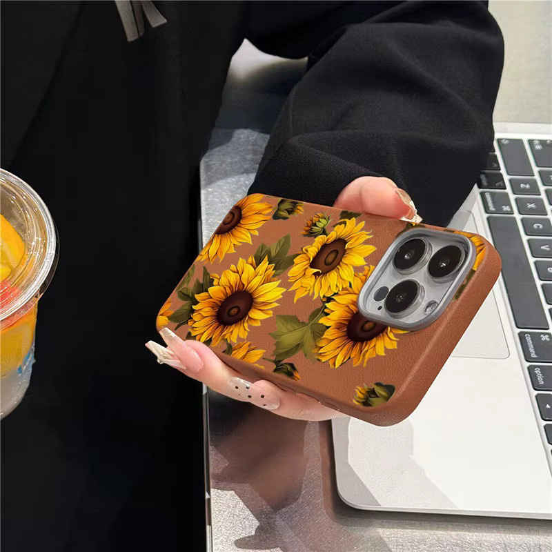 Handyhülle mit Sonnenblumen-Litschi-Muster für Apple iPhone 17 16 15 14 13 12 11 Pro Max Plus in Braun - Bild 4