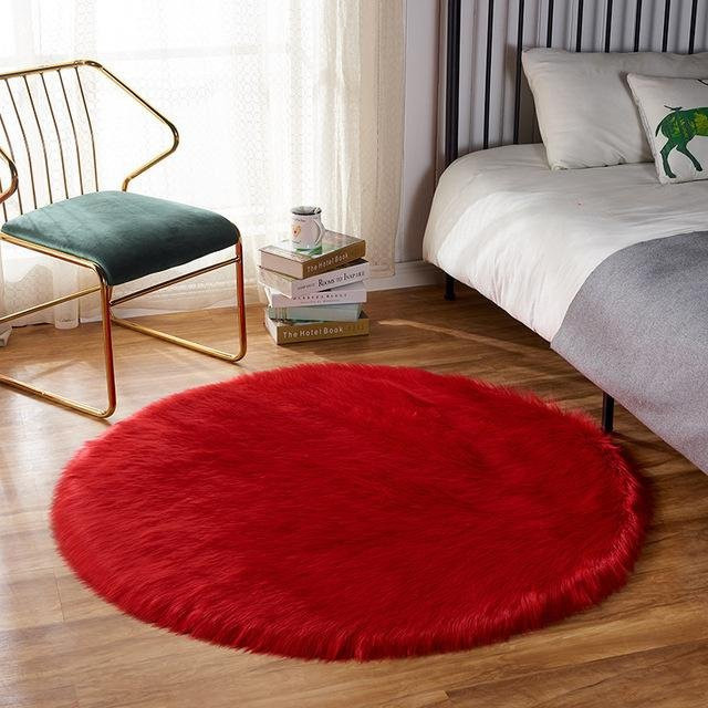 Runder Teppich aus künstlichem Fell in Reinweiß, flauschige Bodenmatte für Wohnzimmer und Schlafzimmer, Durchmesser: 90 cm - Bild 1