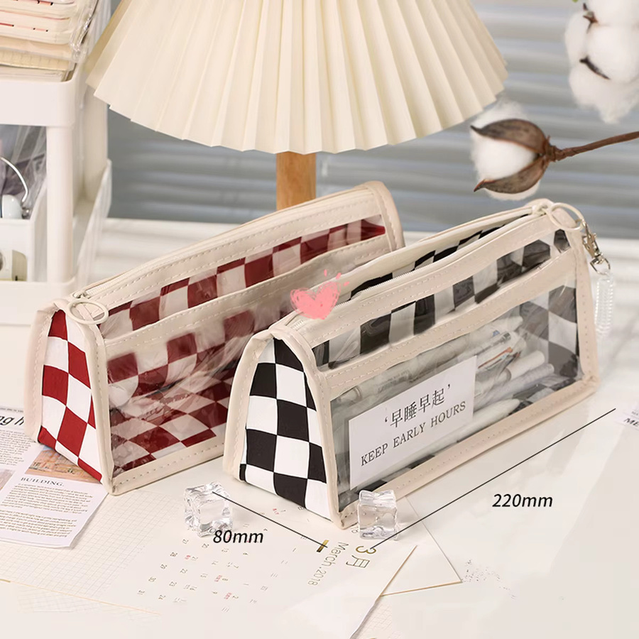 Kawaii Federmäppchen mit Schachbrettmuster aus Leinwand in Rot und Transparent mit großem Fassungsvermögen und Reißverschluss - Bild 2