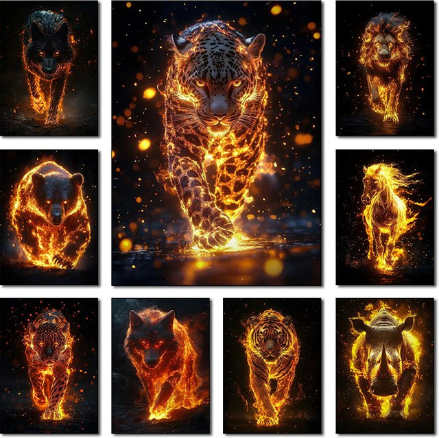 Potdemiel Wandkunst Poster mit majestätischen Tieren in Flammen, Mehrfarbig, Durchmesser: 25,0 cm - Bild 1