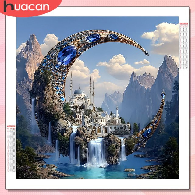 HUACAN Diamant-Mosaik-Gemälde Schloss Landschaft mit Mond und Wasserfall, Rund, Mehrfarbig, Durchmesser: 20 cm - Bild 1
