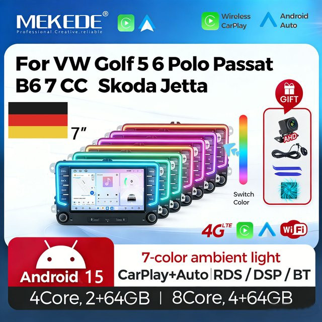 MEKEDE 7-Zoll Kabelloses CarPlay Android 15 Autoradio mit 4G+64GB, GPS-Navigation und Multimedia-System für Volkswagen VW Golf Passat JETTA Tiguan sowie Skoda Octavia und SEAT, Schwarz - Bild 1