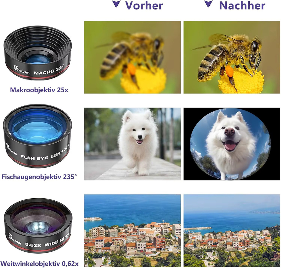 VersandMobiles Handy Linsen-Kombinationsset in Schwarz mit Stativ, bestehend aus 22X Teleobjektiv, 25X Makro Objektiv, 0,62X Weitwinkel und 235° Fischauge Objektiv, universelles Smartphone Linsen Kit - Bild 4