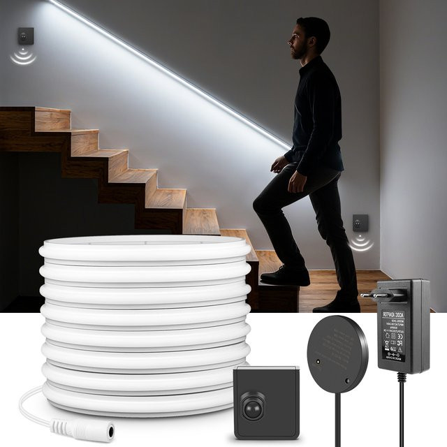 CHNAITEKE COB Neon LED Streifen 24V mit PIR Bewegungssensor und Silikon Band in Weiß für Treppen, Korridor und Bett-Beleuchtung - Bild 1