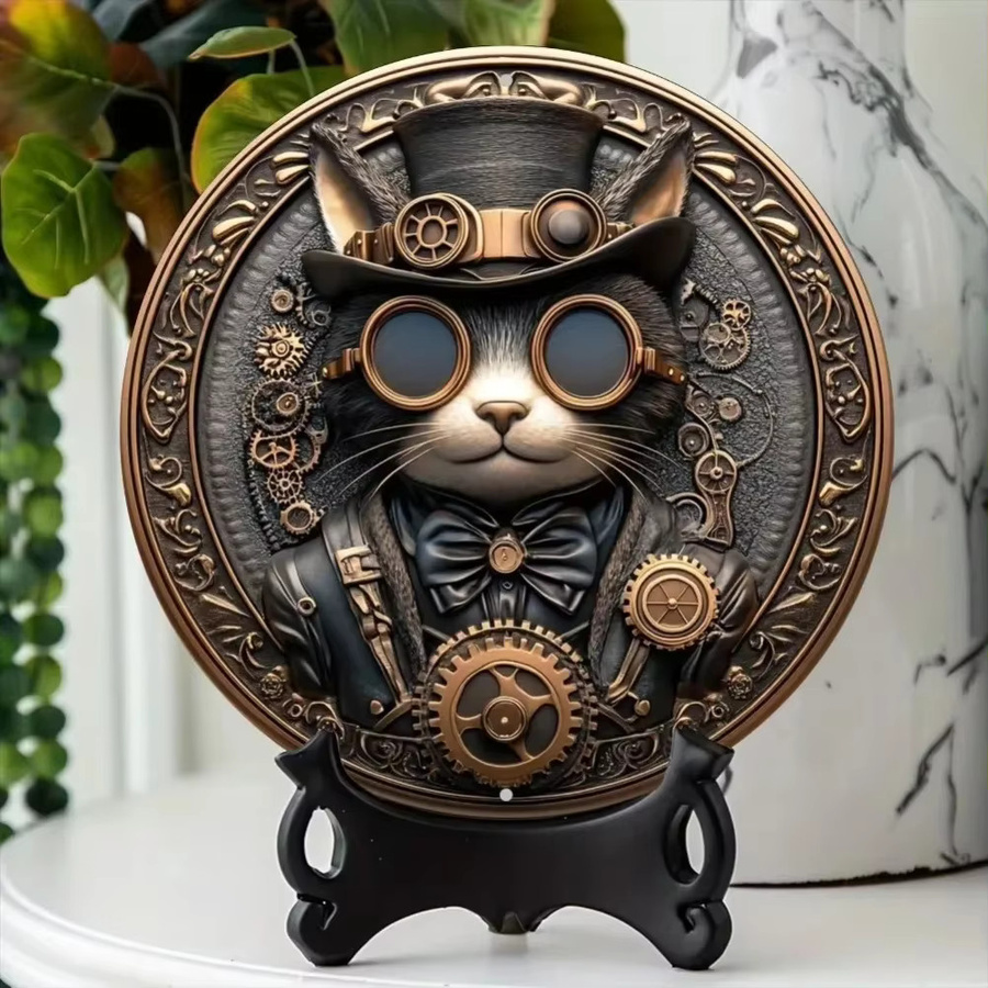 Steampunk-Katze Wandkunst aus Metall von Potdemiel, rundes Blechgemälde in Multicolour - Bild 2