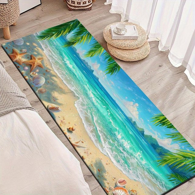MG Decorative Home Teppichläufer Strandszene mit Kokospalmen und Muscheln, Blau, B/T: 60 x 90 cm, rutschfest und waschbar - Bild 1