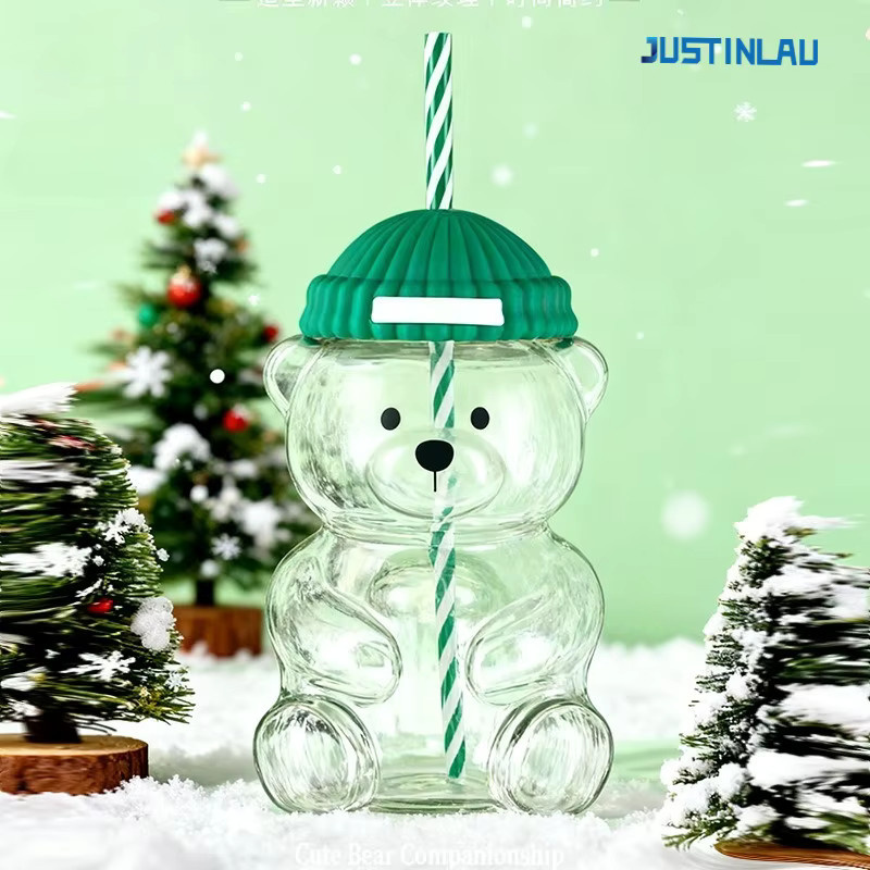 JUSTINLAU Bärenförmige Glastasse mit Strohhalm und Deckel, transparenter Glas-Saftbecher im Cartoon-Design - Bild 4