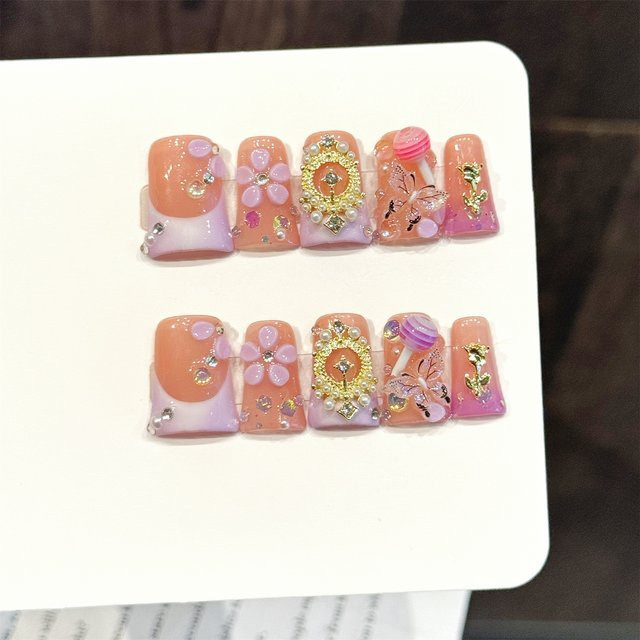 YADORNOS Press-on-Nägel, 10 Stück, rosa Blumen, Schmetterling, Glänzend, Damen - Bild 1