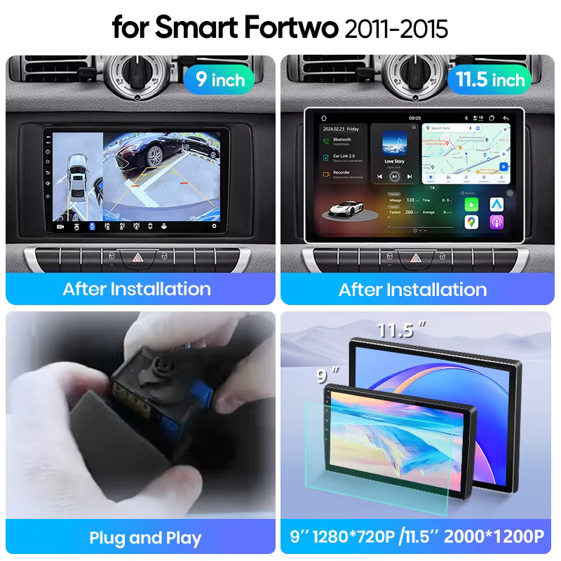 Junsun Android Auto Autoradio für Smart Fortwo 451 mit Wireless Apple CarPlay, Bluetooth und IPS Touchscreen, 2 Din Multimedia Head Unit in Schwarz - Bild 3