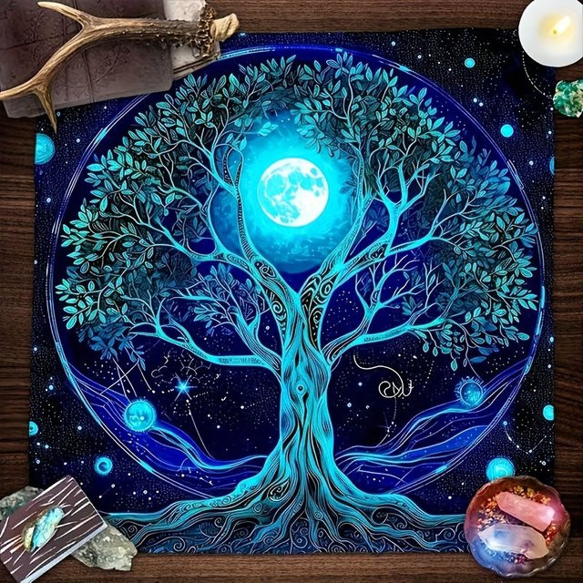 VIKAMA Tischdecke Enchanted Purple Cat mit Mystic Tarot und Kristall Geometrie Design - Bild 1