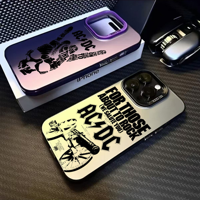 Band A-AC ROCK DC-Logo Handyhülle für iPhone 11 bis 16 Pro Max, Schwarz Matt mit Mehrfarbig Laser Metallic Aurora Effekt - Bild 1