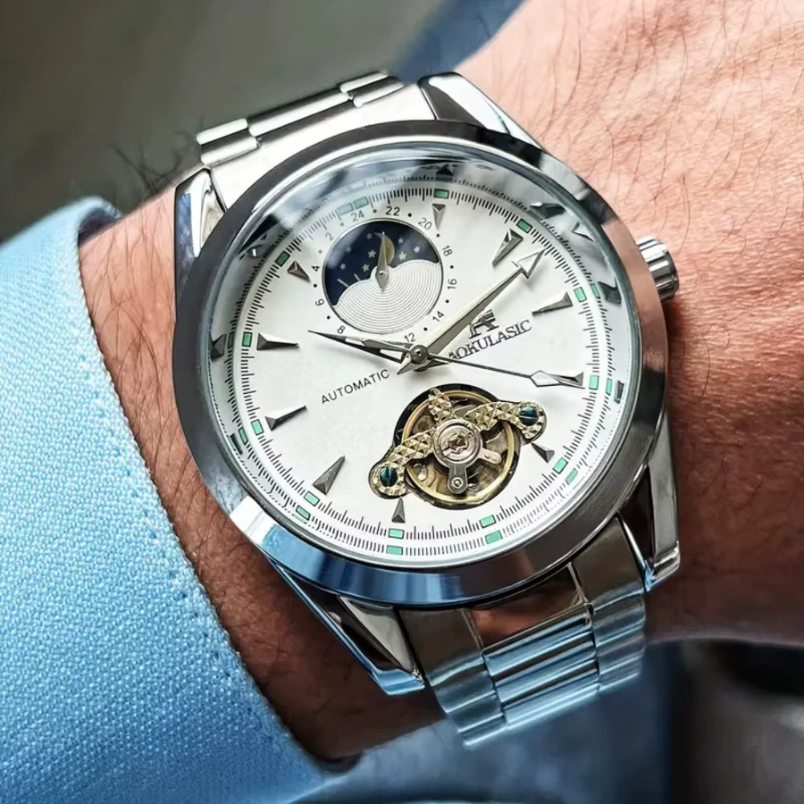 AOKULASIC Armbanduhr Automatik, Edelstahl, Weiß, Gold, Herren - Bild 2