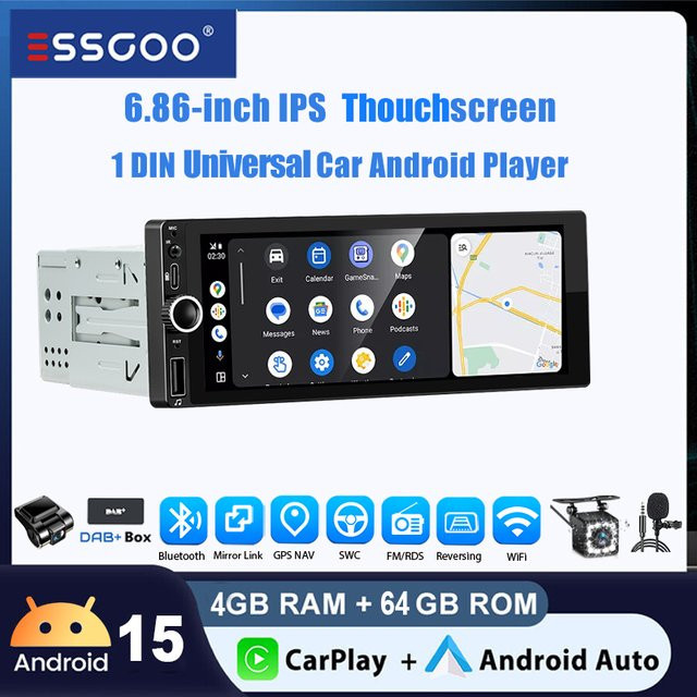 ESSGOO Universal Autoradio mit 6.86 Zoll Android 15, 4+64 GB, Wireless CarPlay, Bluetooth, GPS, WiFi und Lenkradsteuerung in Schwarz - Bild 1