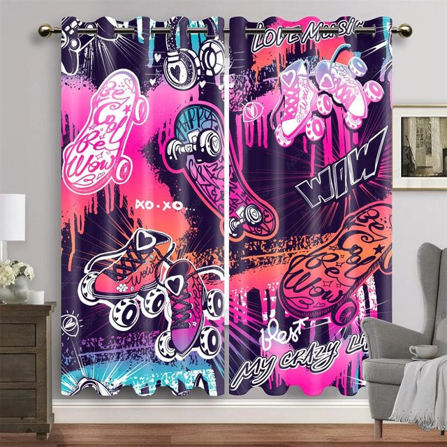 Cartoon Gamepad Fenstergardinen Set für Jungenzimmer mit Graffiti-Motiv, Mehrfarbig, B: 50 cm, H: 130 cm - Bild 1