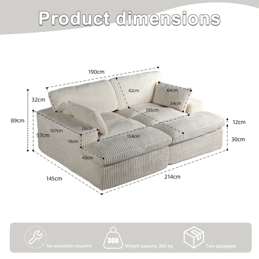Vankel 2-in-1 Cord Schlafsofa in Weiß, modernes gepolstertes Schlafcouch für Wohnzimmer und Gästezimmer - Bild 5