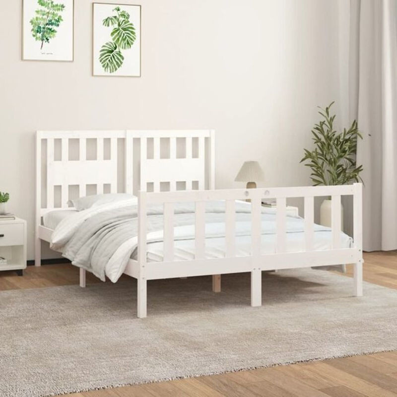 Massivholzbett Vidaxl aus Kiefer mit Kopfteil in Weiß, B/T/H: 140 x 200 cm - Bild 1
