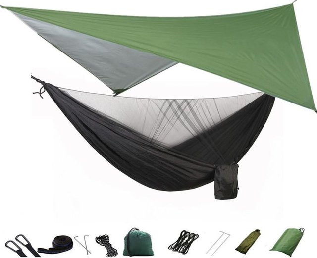 Binchi Outdoor Product Camping-Hängematte mit Moskitonetz und Regenfliege in Grün aus Nylon inklusive Baumgurten - Bild 1