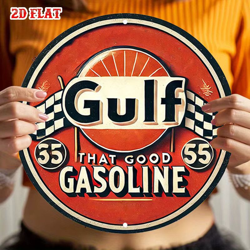 Vintage Gulf 55 Benzin Metallschild aus Aluminium mit kariertem Flaggen-Design, rund, Multicolor, Durchmesser: 20 cm - Bild 6