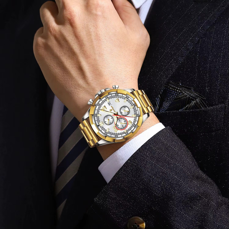 POEDAGAR Armbanduhr Chronograph, Quarz, Edelstahl, Silber, Bicolor, Herren - Bild 5