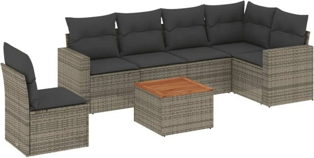 vidaXL 7-teilige Garten-Sofagarnitur aus Poly-Rattan in Grau mit Kissen und Akazienholz - Bild 1