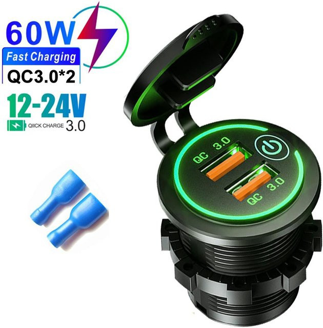 YJMP Auto Parts Quick Charge 3.0 Dual USB Schnellladegerät für Auto und Motorrad mit Touch-Schalter, Wasserdicht, Grün - Bild 1